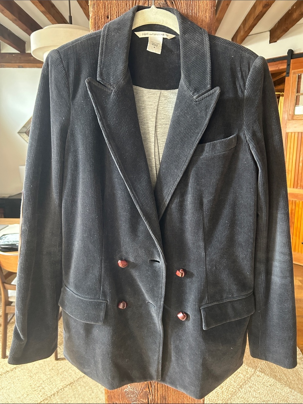 Diane Von Furstenberg Black Corduroy Double-Breasted Blazer
